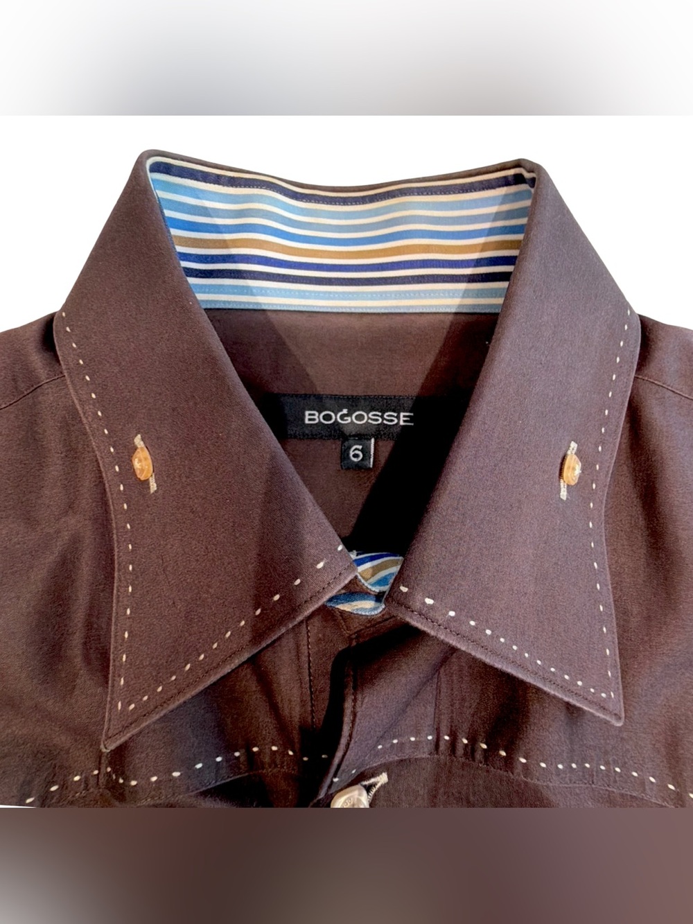 BOGOSSE Men’s Casual Button-Down Shirt with Contrast Stripe Lining & Cuffs - Picture 6 of 16